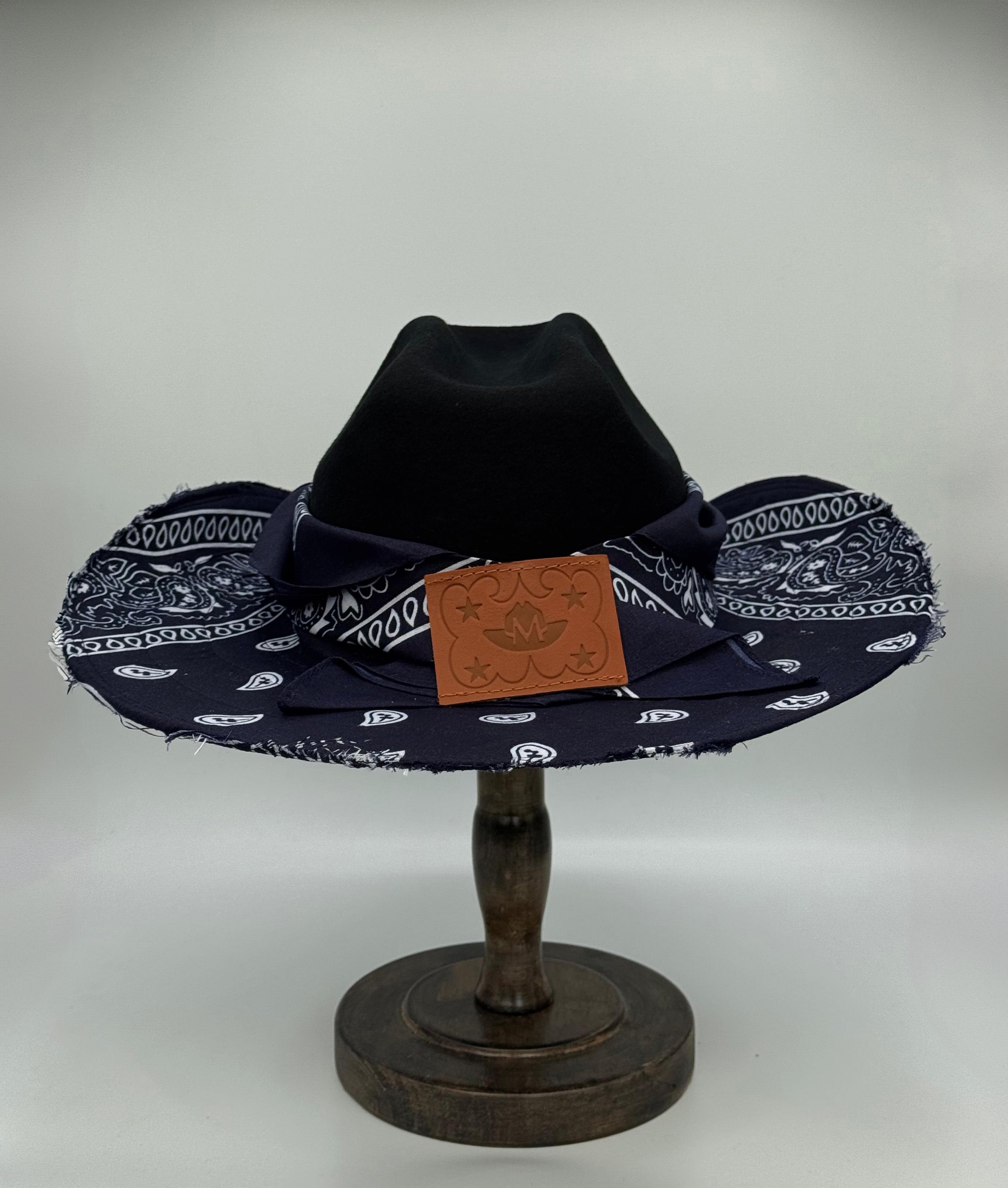Custom Cowboy Hat / Black Base / Navy Blue Bandana