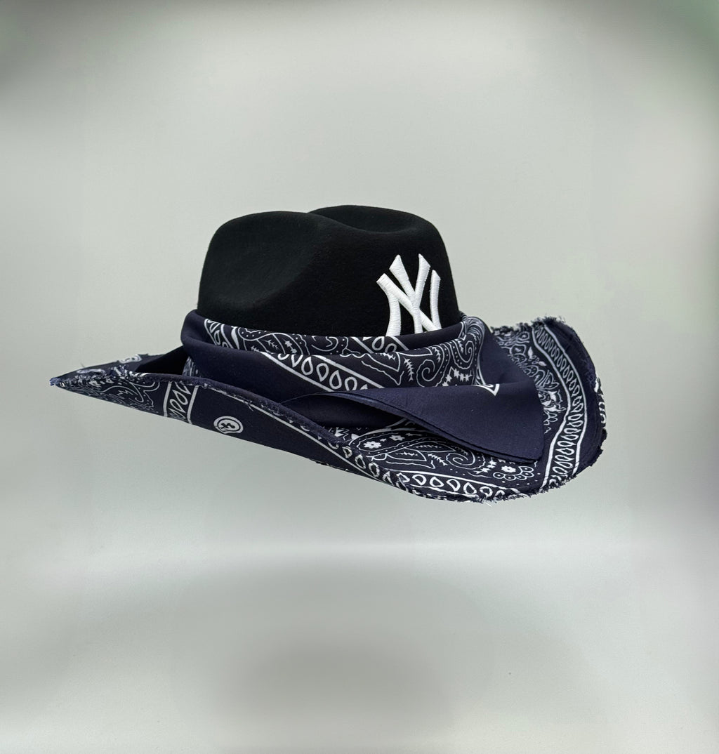 Custom Cowboy Hat / Black Base / Navy Blue Bandana