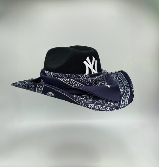 Custom Cowboy Hat / Black Base / Navy Blue Bandana
