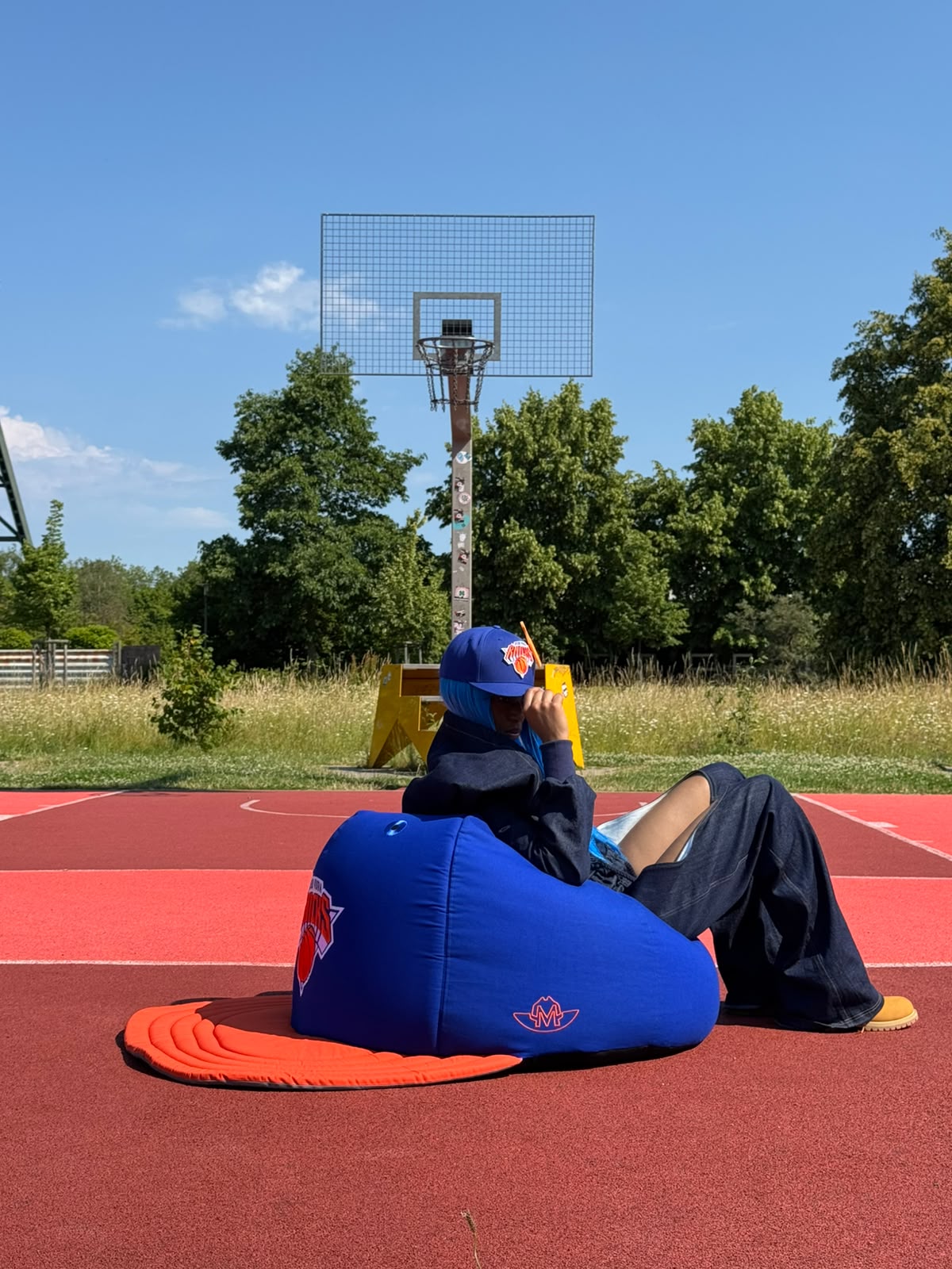 FITTED XL BEAN BAG – /NY / BLUE CANVAS /ORANGE AND GREY BRIM/