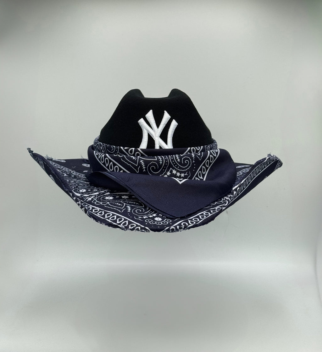 Custom Cowboy Hat / Black Base / Navy Blue Bandana