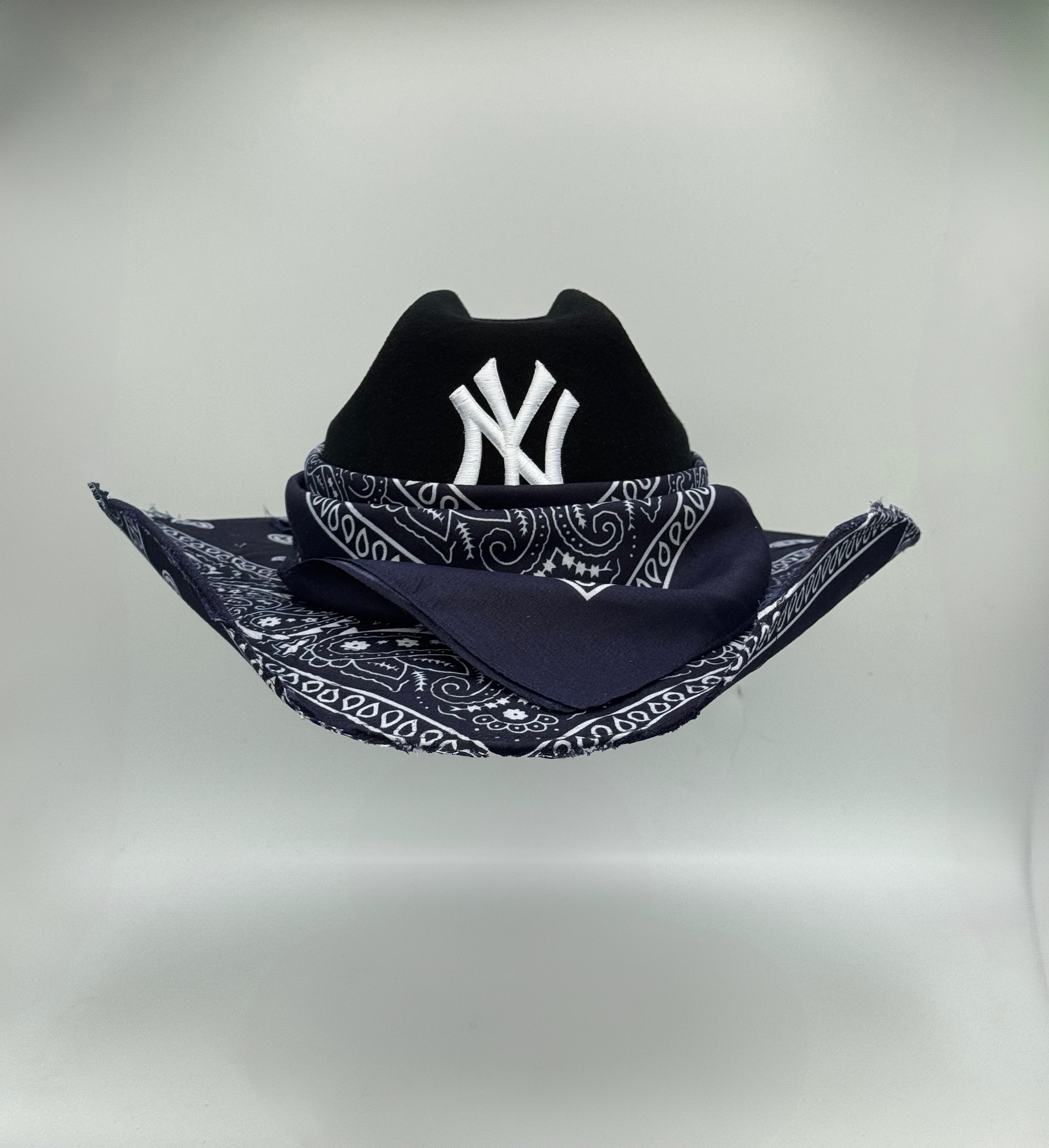 Custom Cowboy Hat / Black Base / Navy Blue Bandana